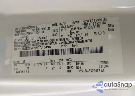 2014 Ford E-250 Commercial from USA, damaged, VIN 1FTNE2EW8EDA43498